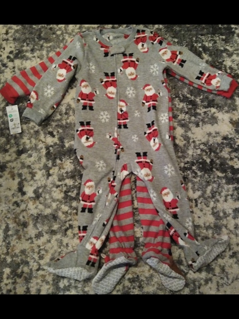 New Carter's Kids Gray Santa Print Holiday Footed Pajamas Size 12M.